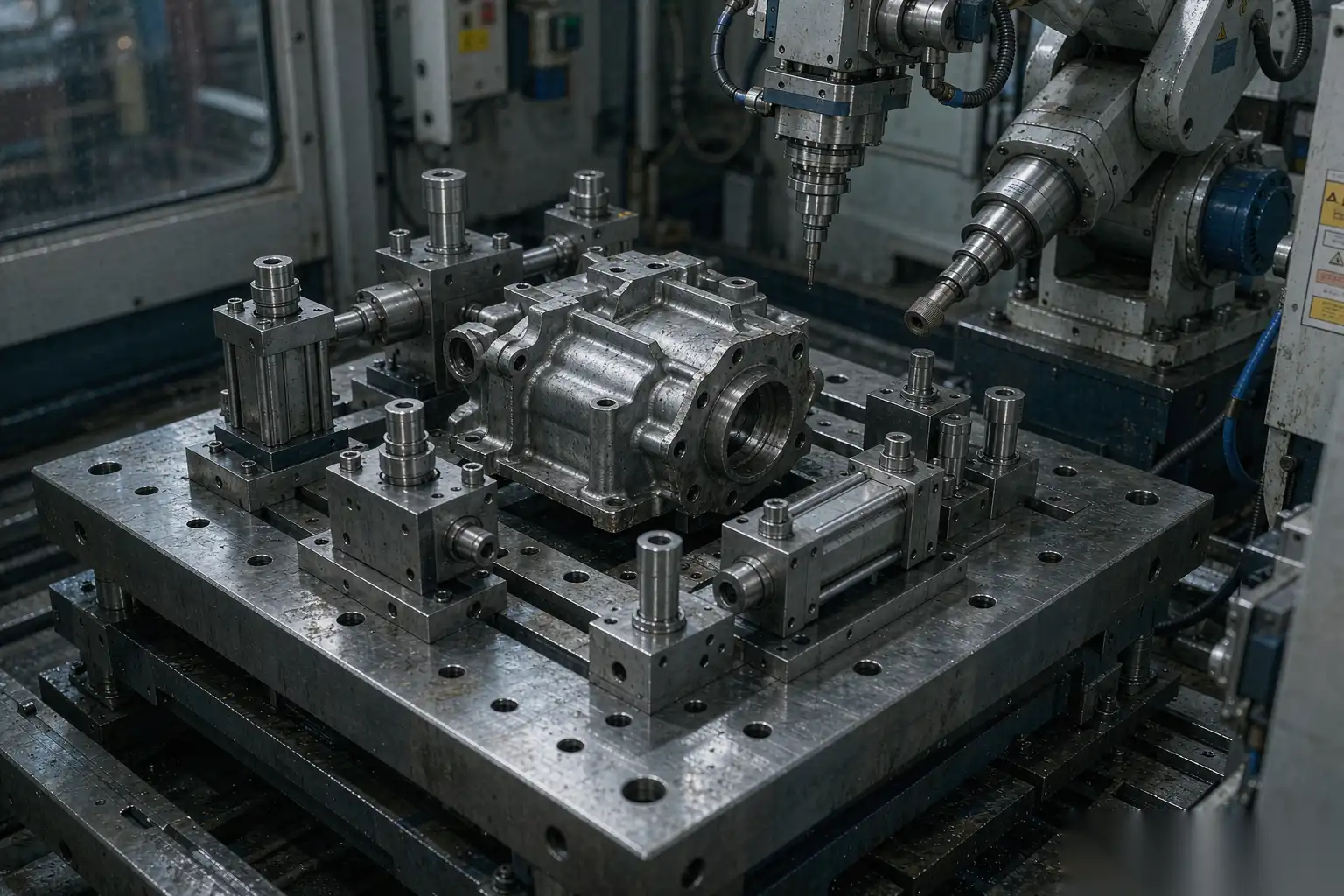 Fixture clamping a die-cast part during robotic finishing