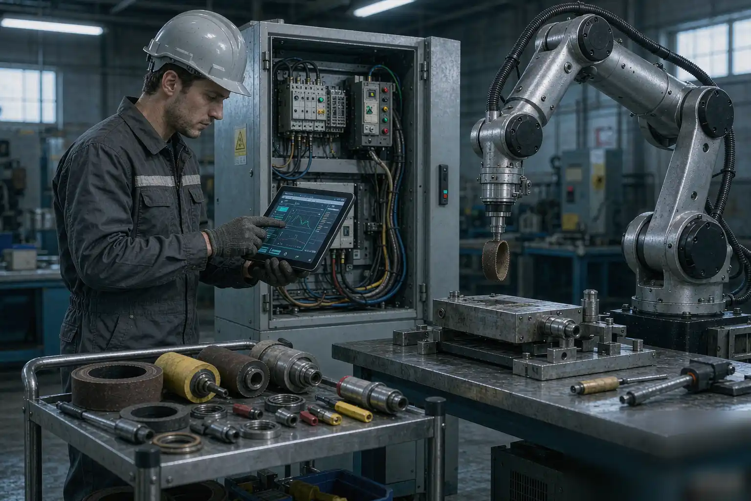 Técnico solucionando problemas en una estación de acabado robótico
