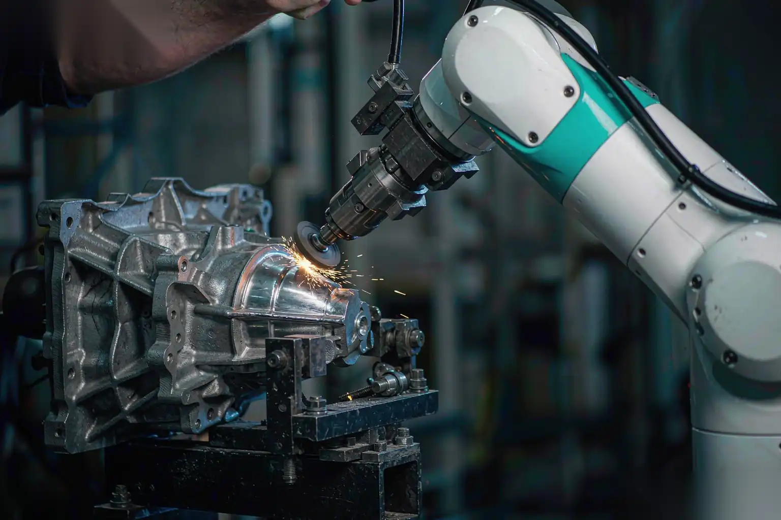 Force-controlled robot grinding a die cast aluminum part
