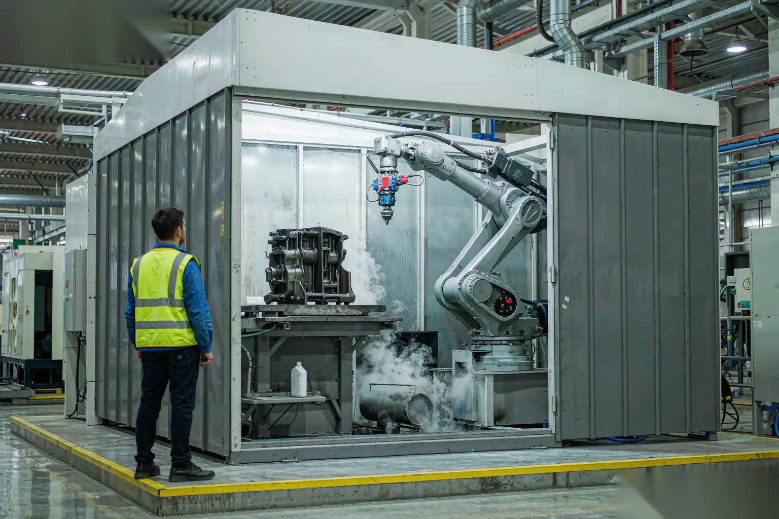Robotic grinding cell with a safety enclosure on a factory floor