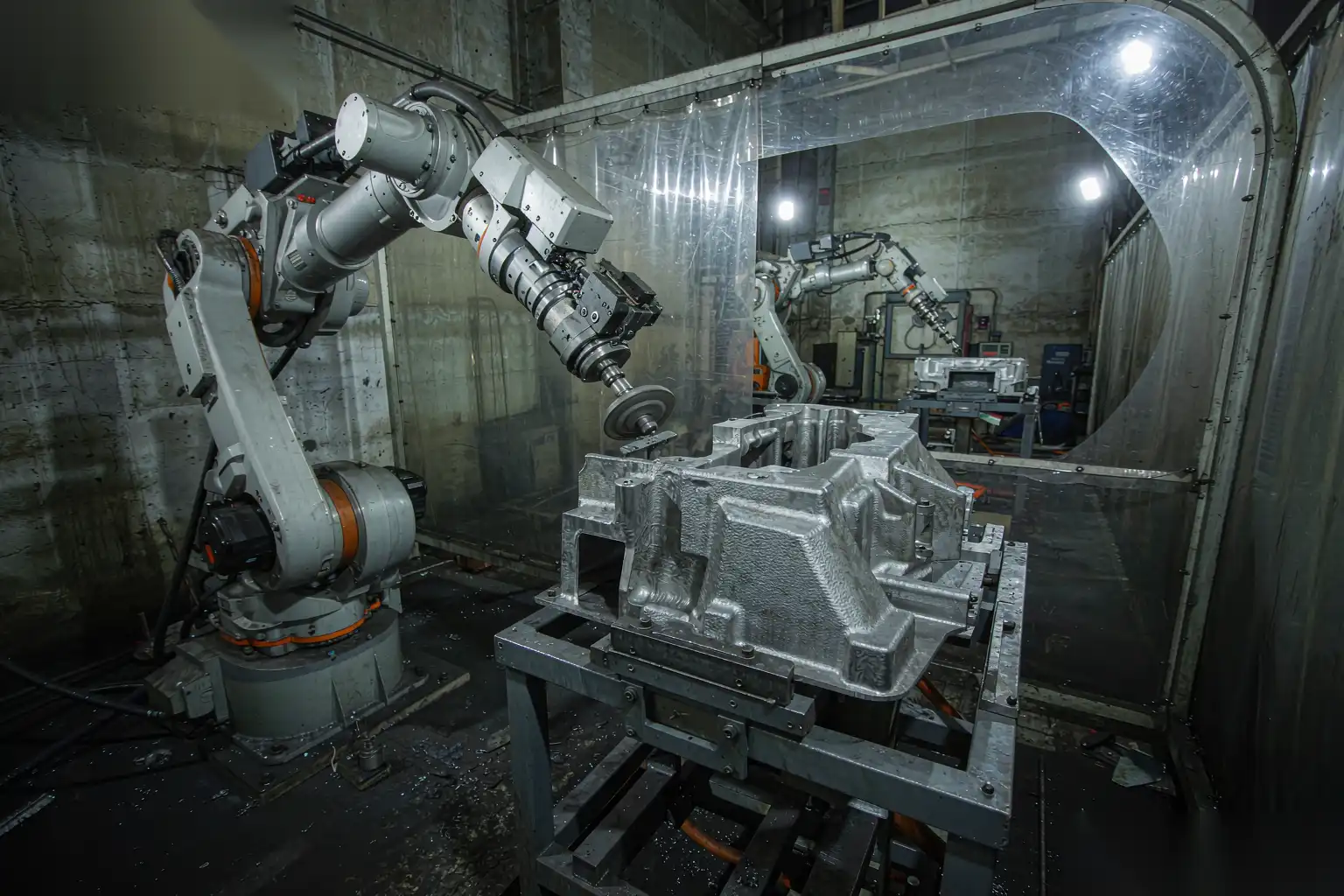Robotic polishing cell finishing stainless steel castings inside an enclosure