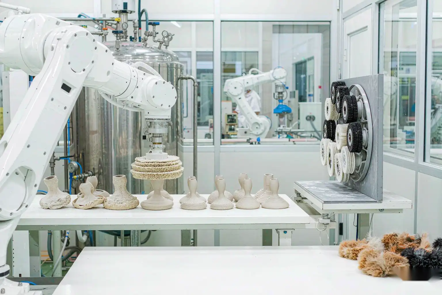 Robotic polishing cell finishing sanitary ware shower heads to a uniform bright surface