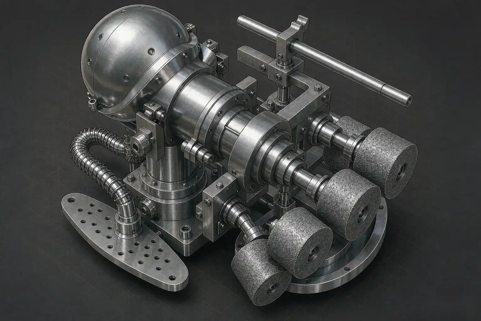 Diagram of a robotic polishing cell presenting a shower head face and skirt to staged wheels at locked force