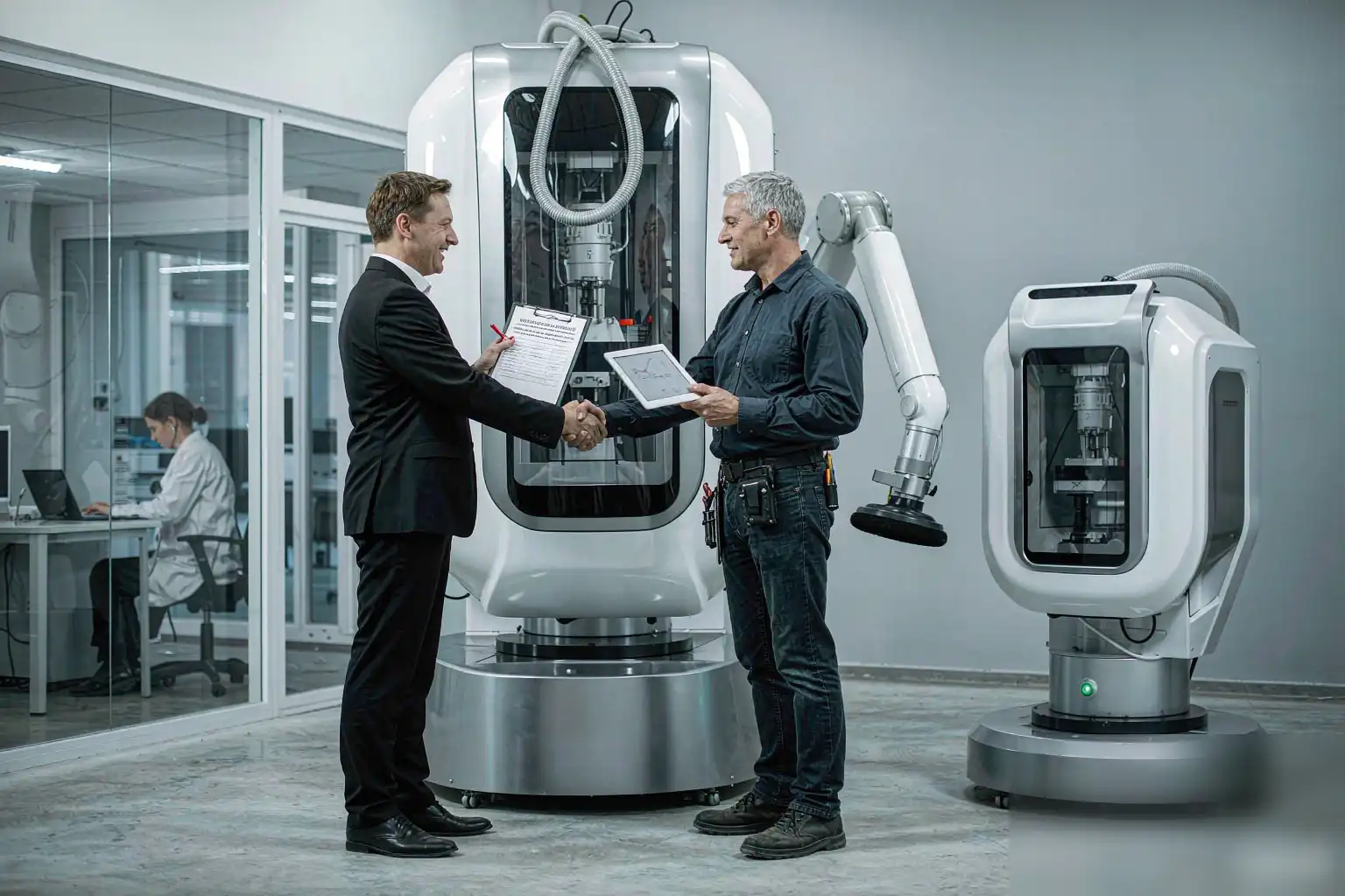 Supplier and buyer discussing surface finishing equipment leasing