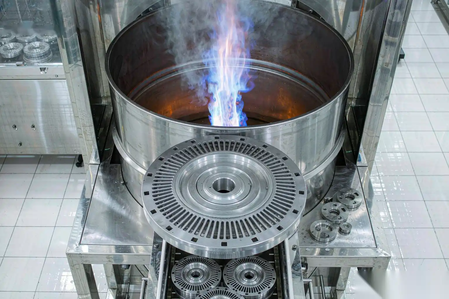 Thermal deburring machine loading die-cast components into the process chamber