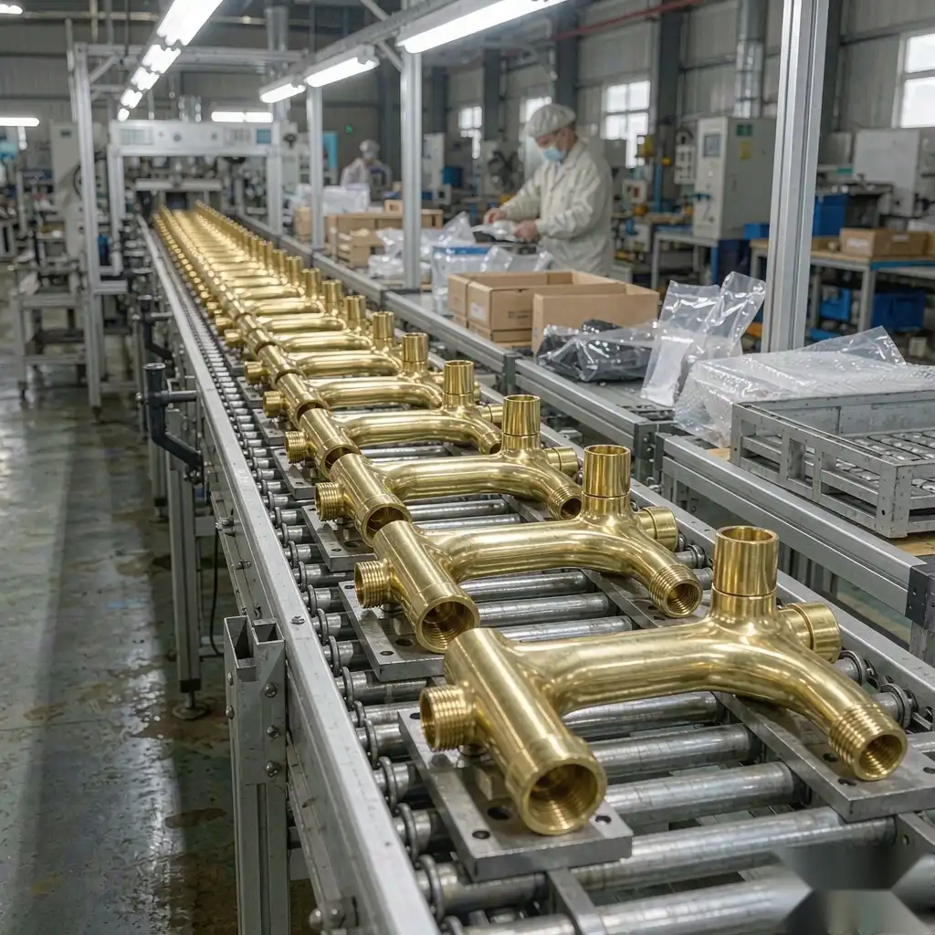 Finished brass faucet bodies on a turnkey line output conveyor ready for packaging