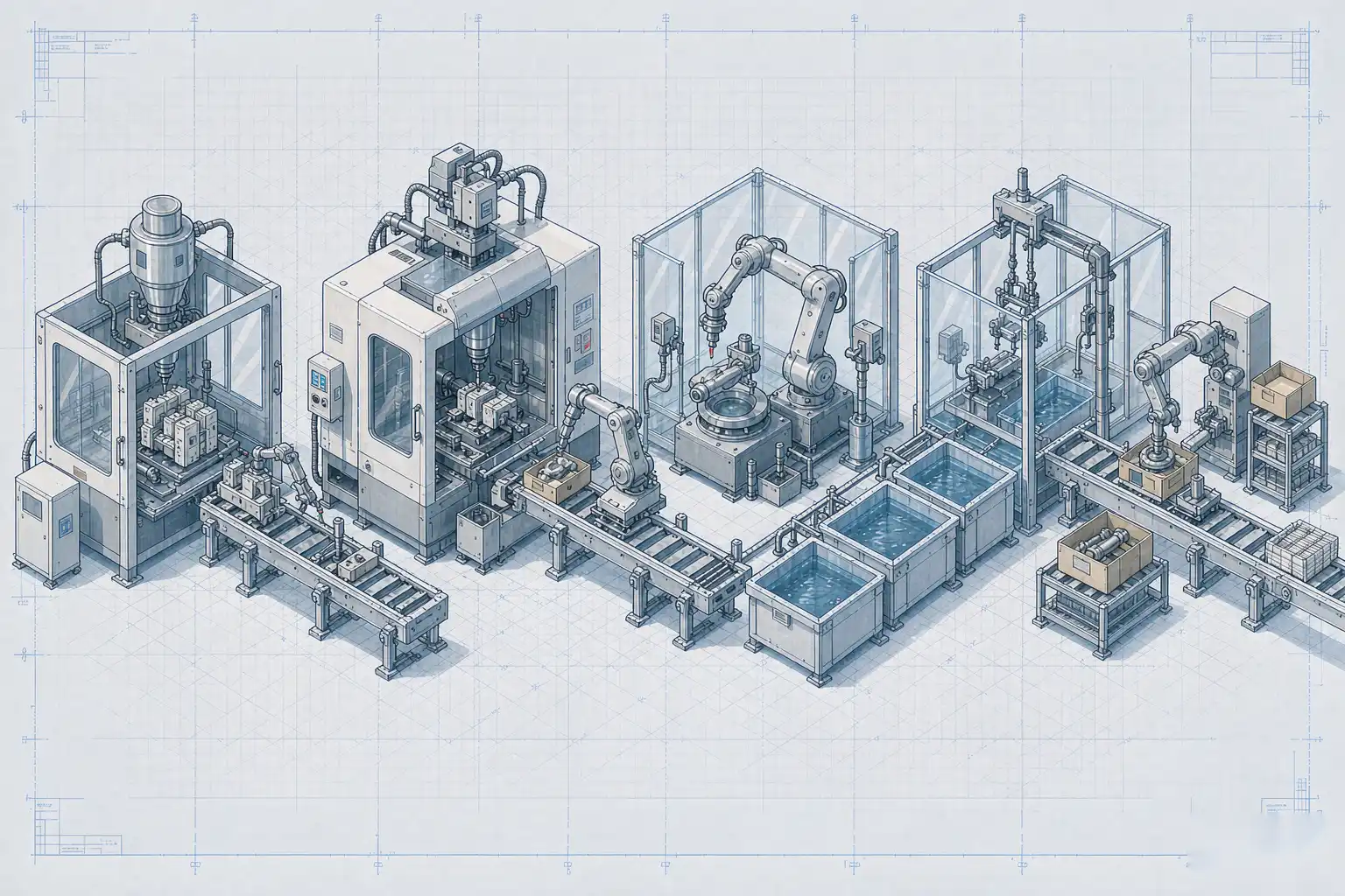 Layout diagram of a turnkey faucet line from core shooting through CNC, grinding, buffing, and plating to packaging