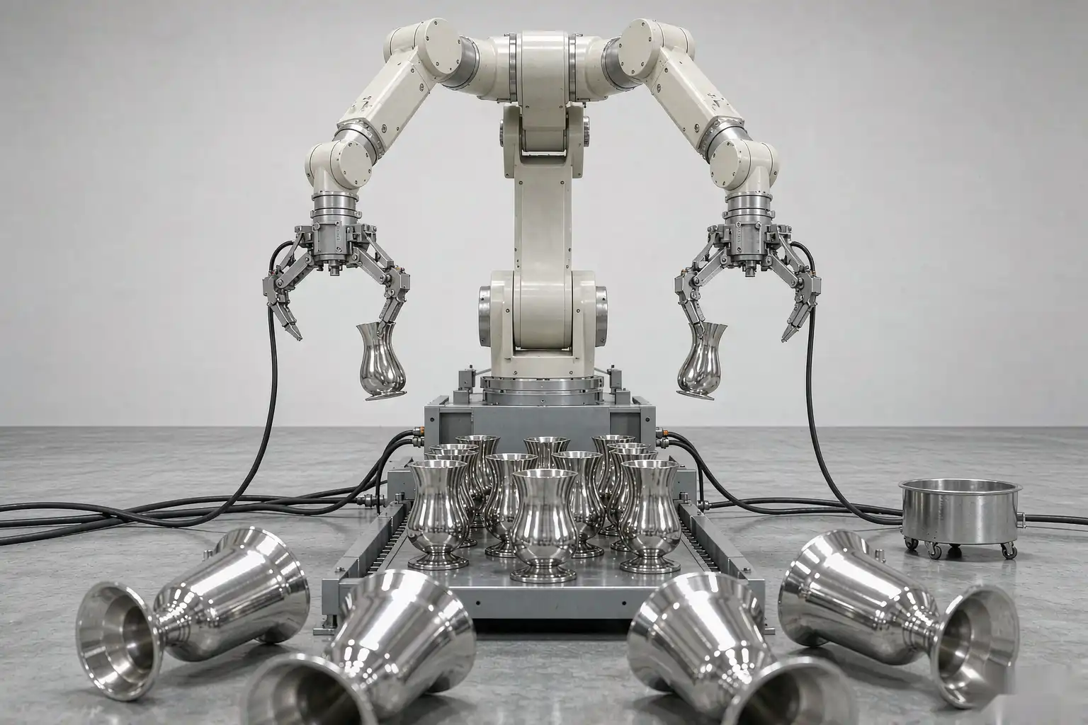 Robotic polishing cell finishing bathroom accessories to a uniform bright surface at volume