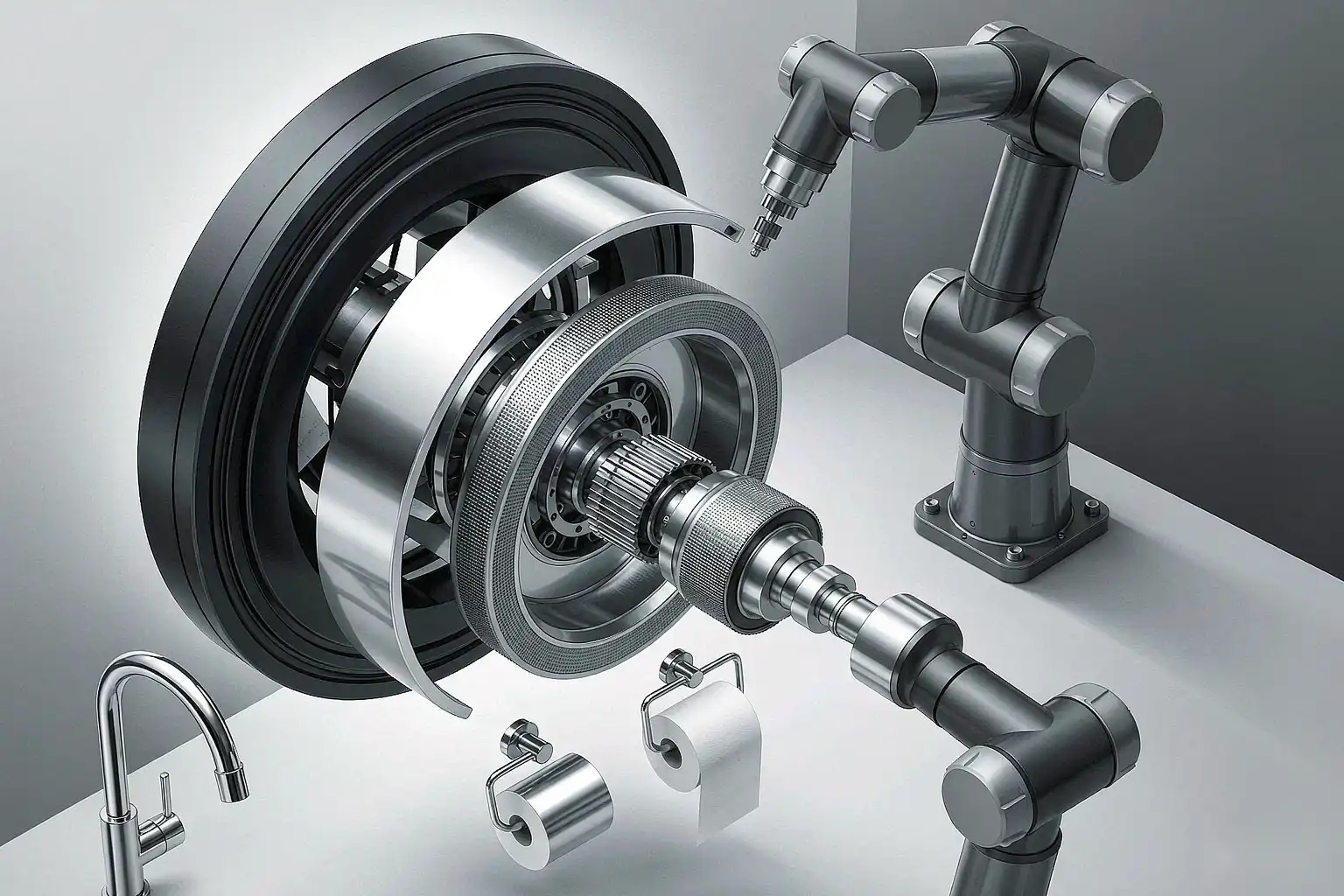 Diagram of a robotic polishing cell presenting bathroom accessories to staged wheels at locked force for even shine