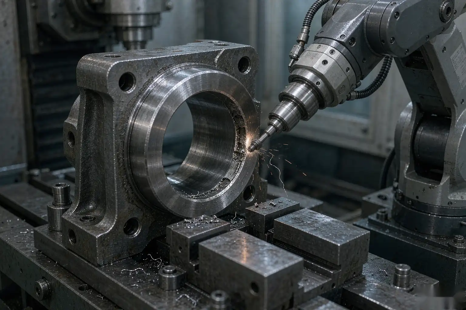 Robotic finishing cell improving the roundness of a metal bearing housing bore and seat