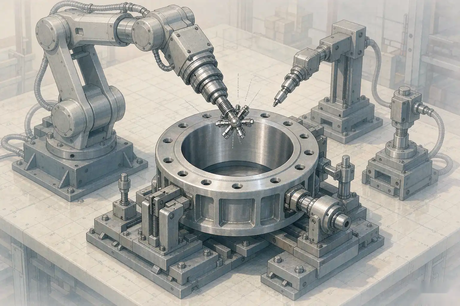 Diagram of a robotic finishing cell presenting a bearing housing to a rotating tool at locked force for roundness