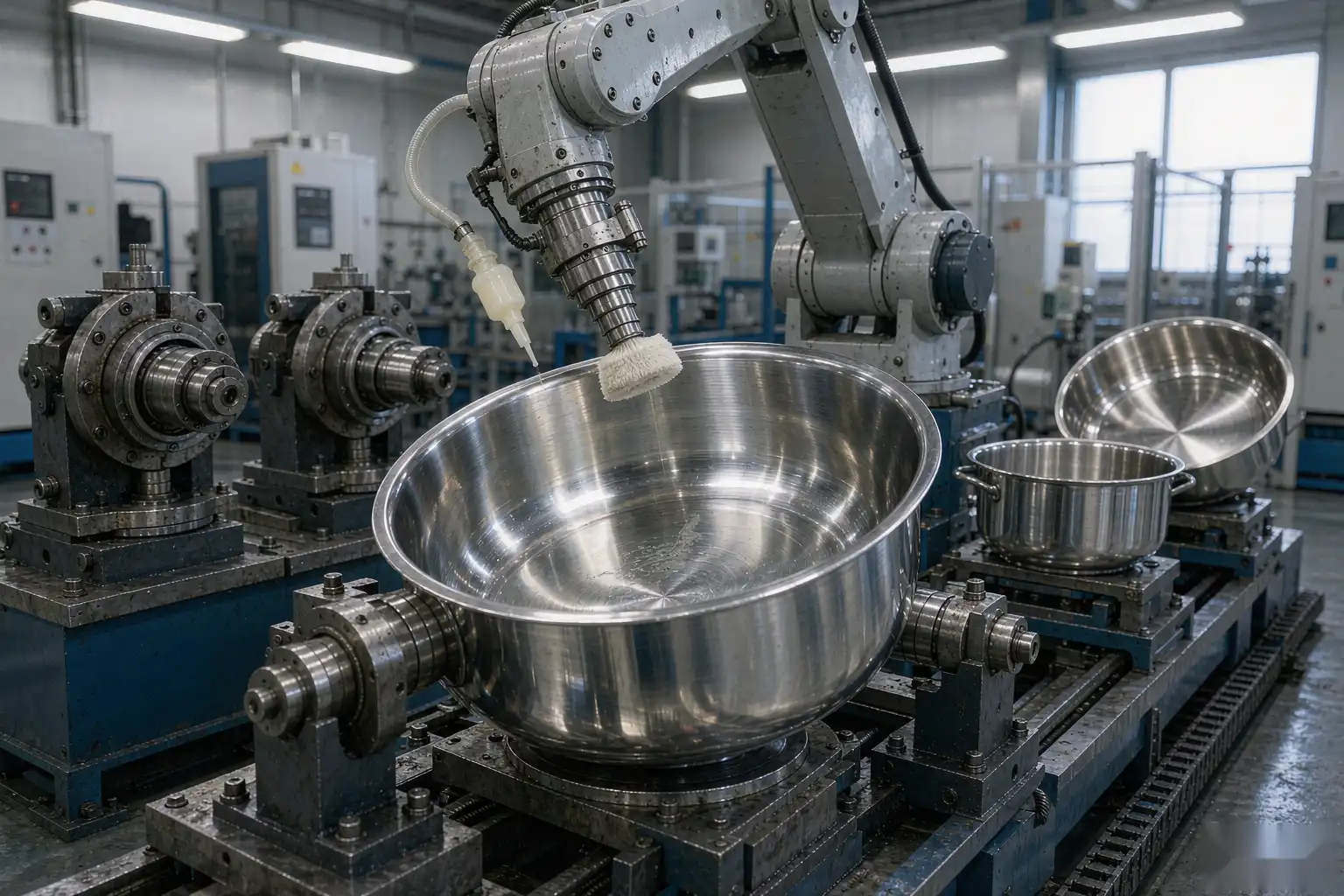 Robotic polishing cell finishing stainless steel cookware to a food-safe mirror surface