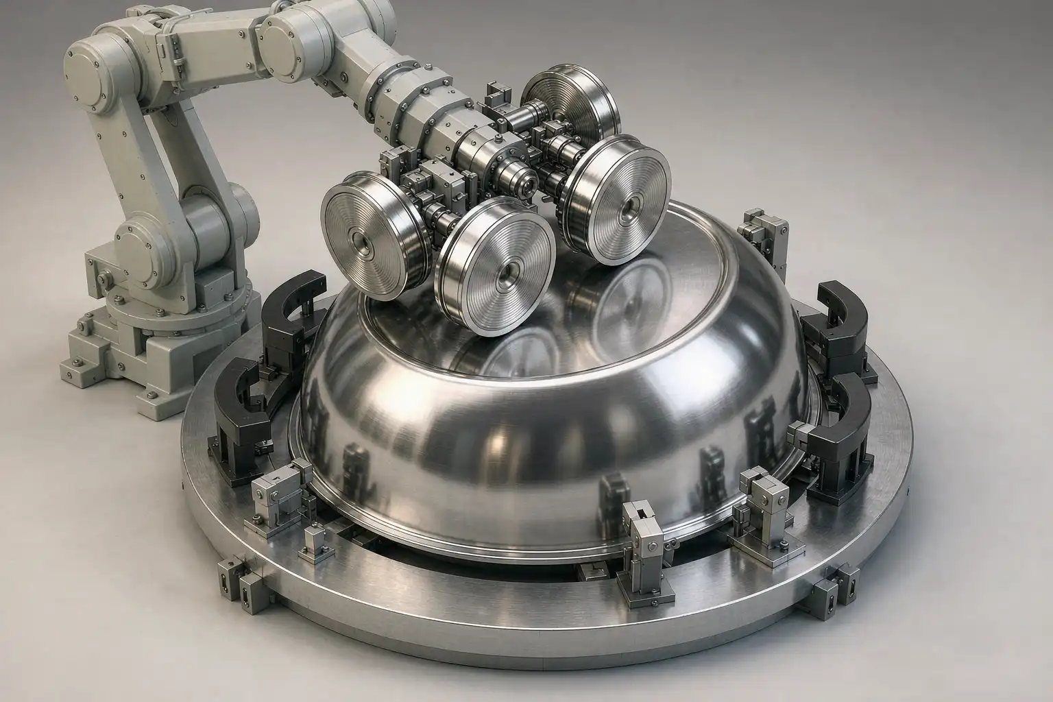 Diagram of a robotic polishing cell sweeping a curved cookware body to a uniform mirror finish at locked force