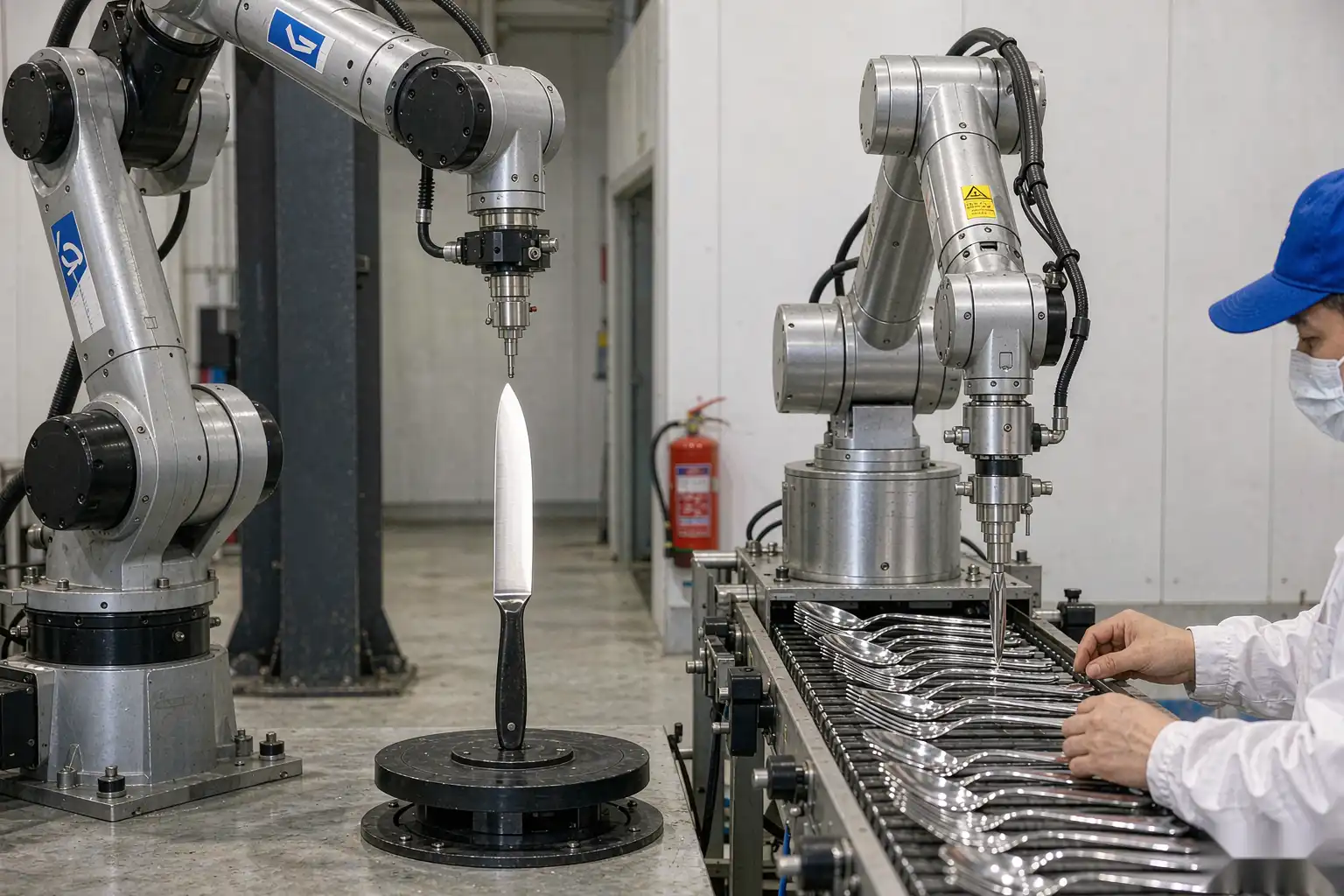 Robotic polishing cell finishing knife blades and stainless cutlery to a bright uniform edge