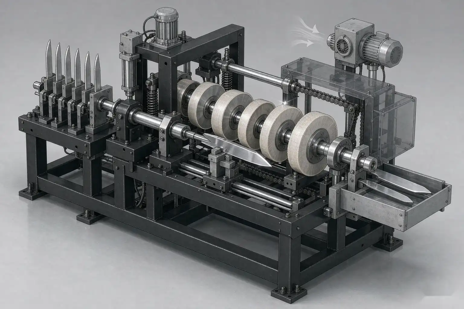 Diagram of a cutlery polishing machine presenting blades to staged wheels at locked force for uniform shine