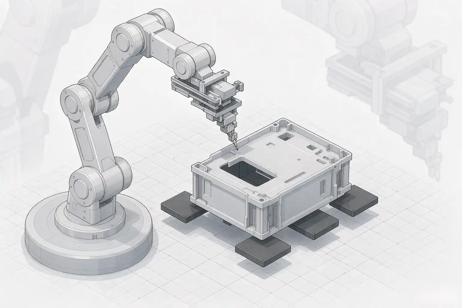 Diagram of a robotic cell using compliant tools to deburr an enclosure edge at locked force without surface marks