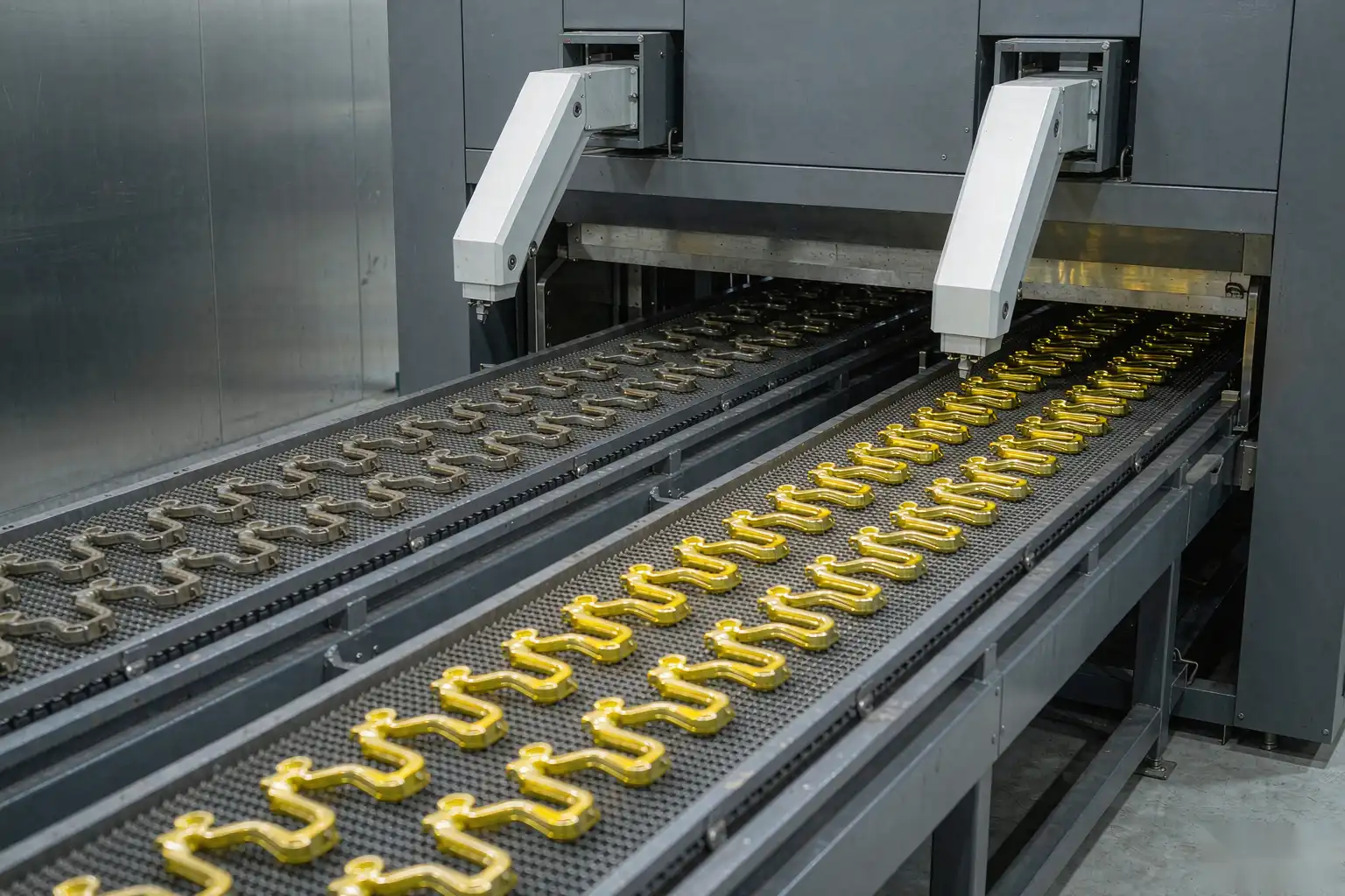 Robotic polishing cell finishing brass faucet handles to a streak-free uniform surface