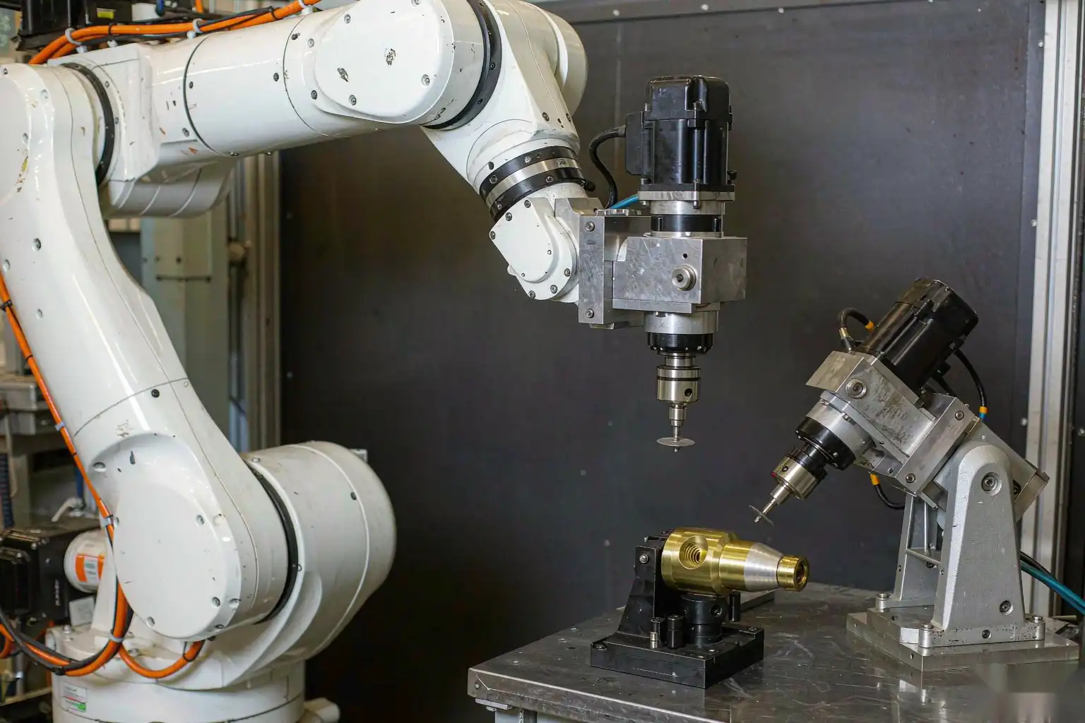 Robotic grinding cell finishing a hydraulic fitting to a precise sealing seat