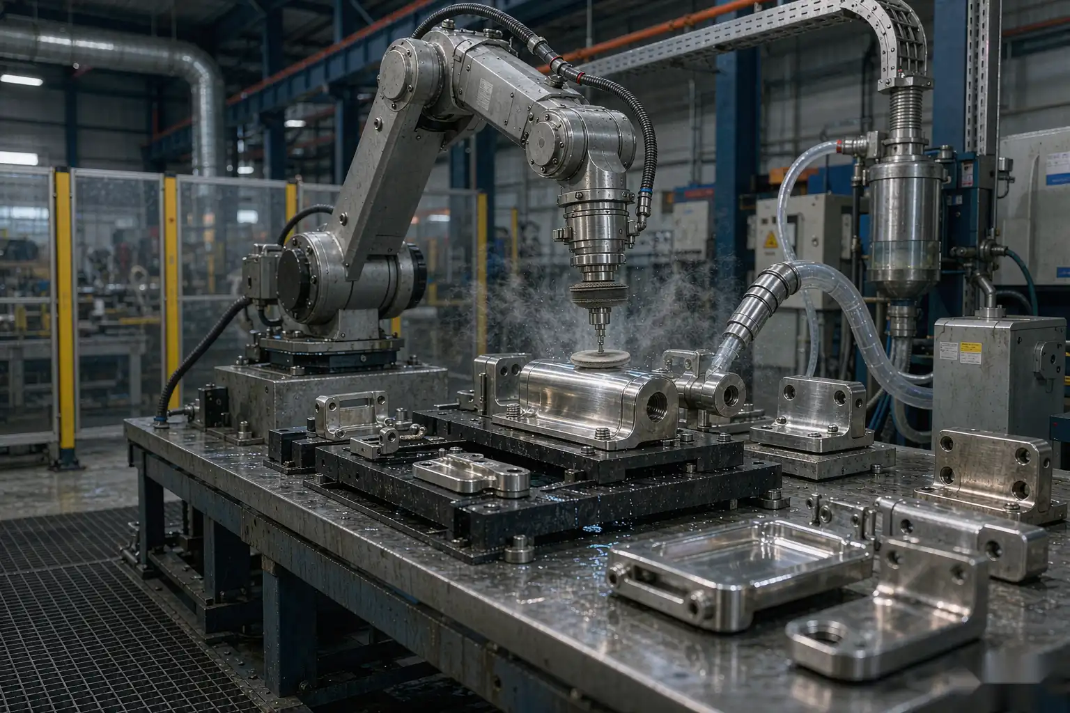 Robotic polishing cell finishing marine grade boat cleats and deck hardware to a smooth corrosion-resistant surface