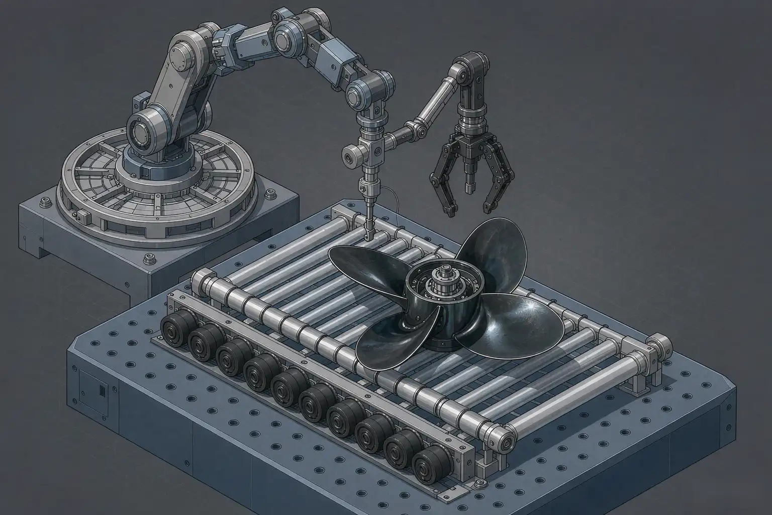 Diagram of a robotic polishing cell presenting marine hardware to staged wheels at locked force for an even passive surface
