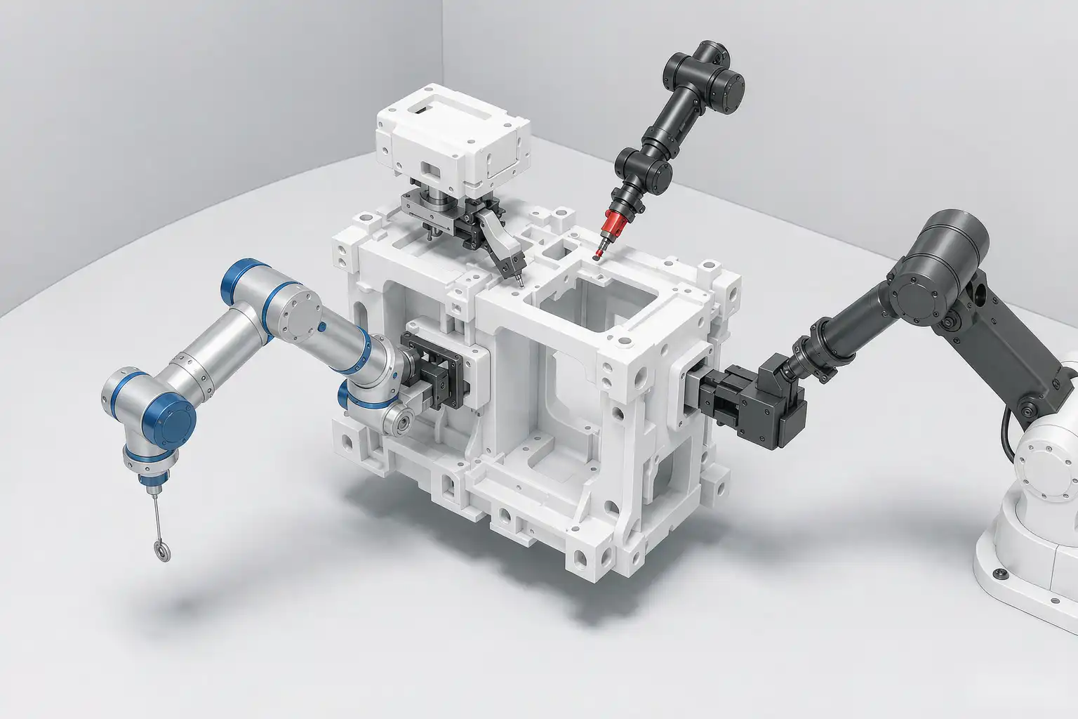 Diagram of a robotic finishing cell presenting a medical housing to compliant tools at locked force for a defect-free surface