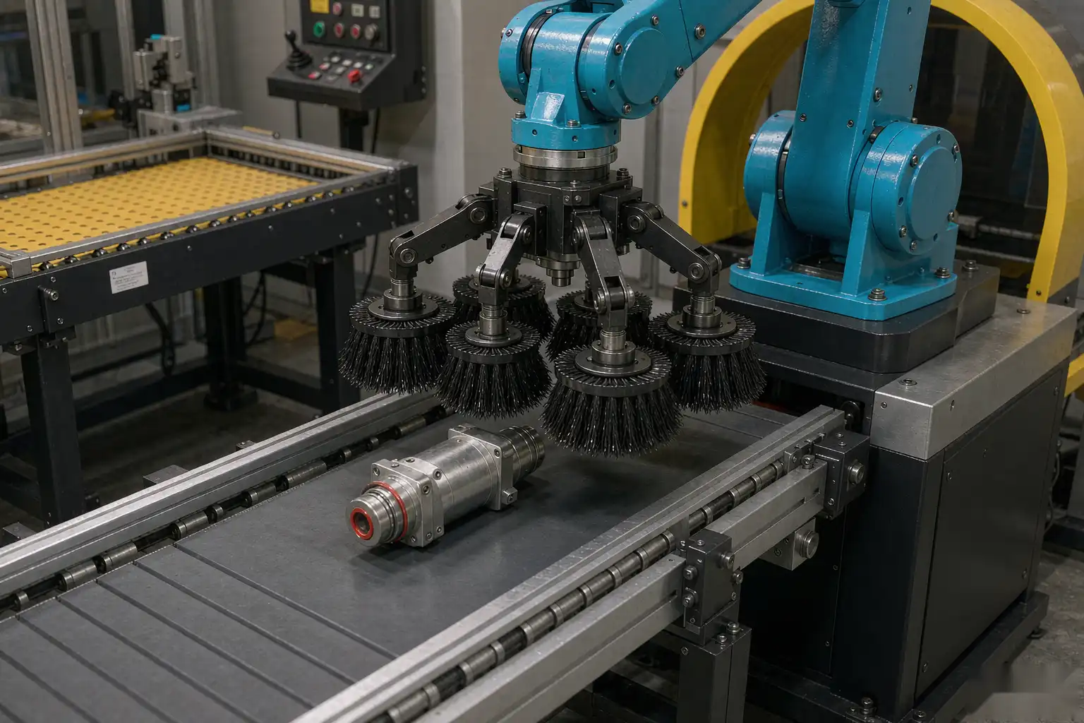 Robotic deburring cell clearing burrs from pneumatic valve components on a conveyor with compliant tools