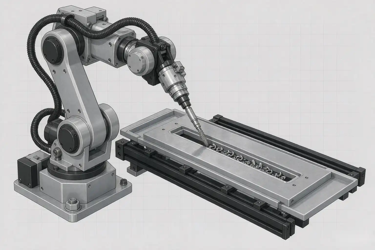 Diagram of a robotic deburring cell reaching pneumatic passage burrs at locked force with a compliant brush
